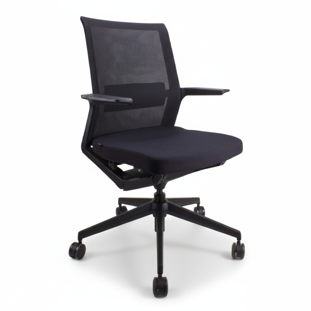 A black office chair with a moulded foam seat, fixed armrest, and a powder-coated black aluminium base.