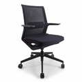 A black office chair with a moulded foam seat, fixed armrest, and a powder-coated black aluminium base.