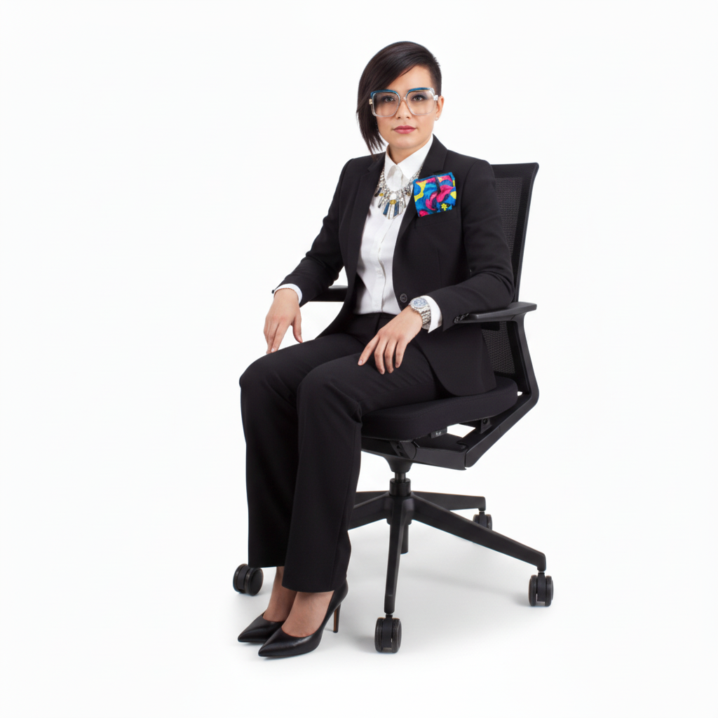 Person in a black suit sitting on a black office chair against a white background