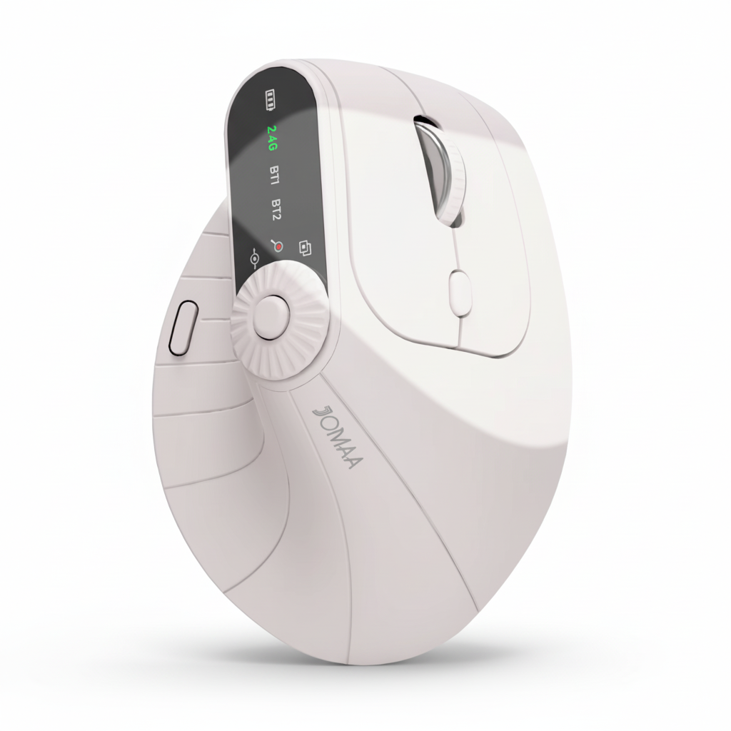 A white Jomaa Vertical Ergonomic Mouse with dual connectivity and smart action buttons visible.