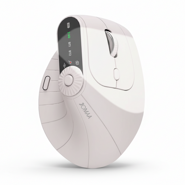 A white Jomaa Vertical Ergonomic Mouse with dual connectivity and smart action buttons visible.