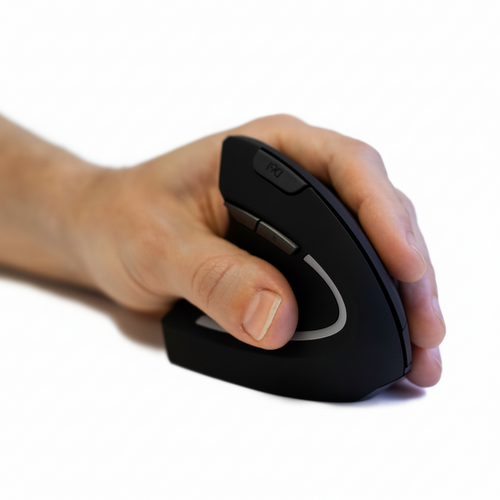 Hand holding a black ergonomic mouse on a white background