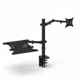 A black steel monitor arm with an attached device tray, designed for holding laptops or tablets, and featuring adjustable angles for positioning.