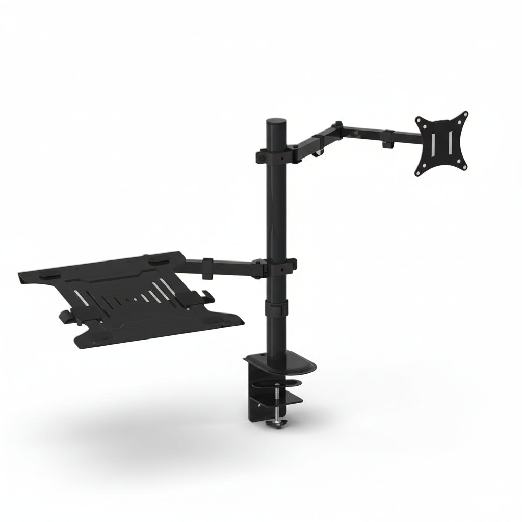 A black steel monitor arm with an attached device tray, designed for holding laptops or tablets, and featuring adjustable angles for positioning.