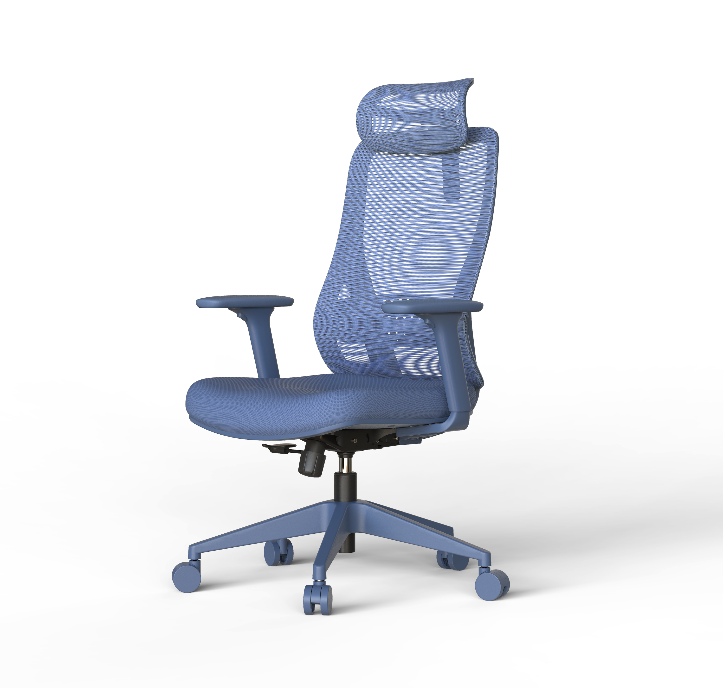 Blue office chair with mesh back on a white background