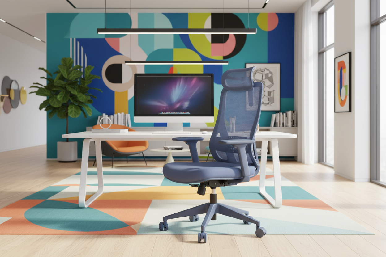 Modern office setup with a desk, chair, and colorful abstract wall art.