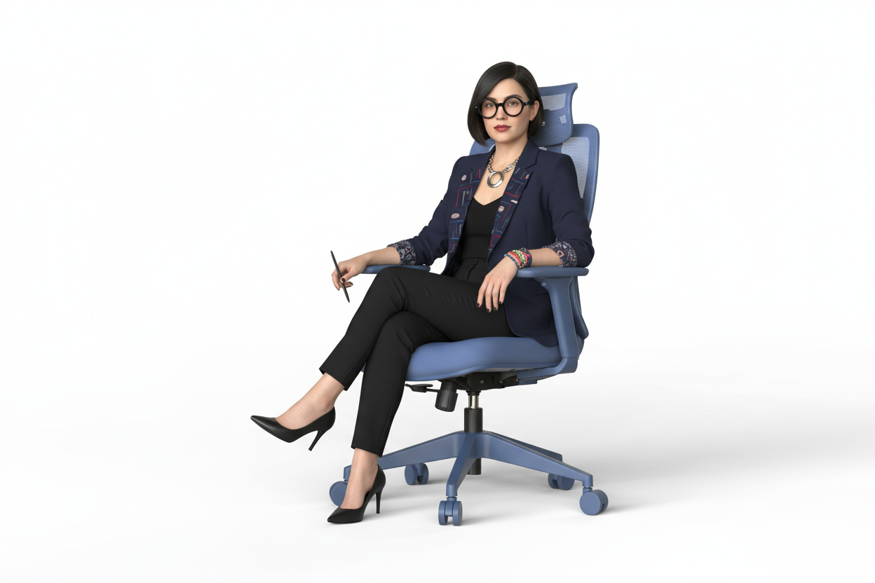 Woman sitting on a blue office chair against a white background