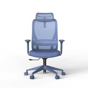 Blue office chair with mesh back on a white background