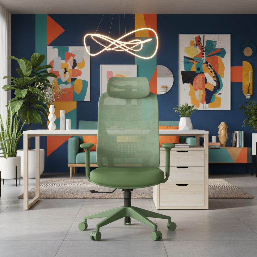Modern office space with a green ergonomic chair, colorful wall art, and plants.