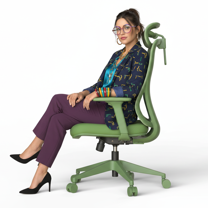 Woman sitting on a green office chair against a white background