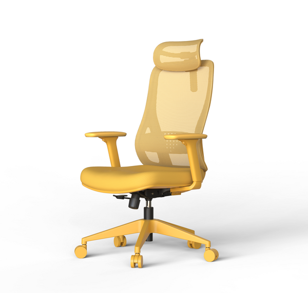 Yellow office chair with mesh back on a white background