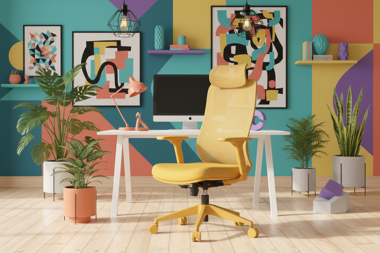 Colorful office space with a yellow chair, desk, and abstract art on a vibrant wall.