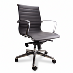 A black, medium back office chair with polished alloy arms and base, featuring a bonded leather finish and knee tilt mechanism.