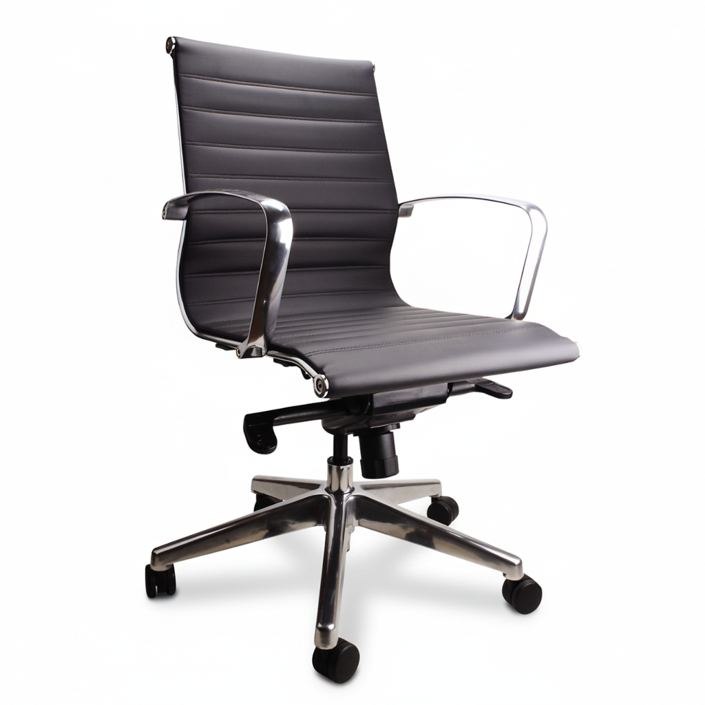 A black, medium back office chair with polished alloy arms and base, featuring a bonded leather finish and knee tilt mechanism.