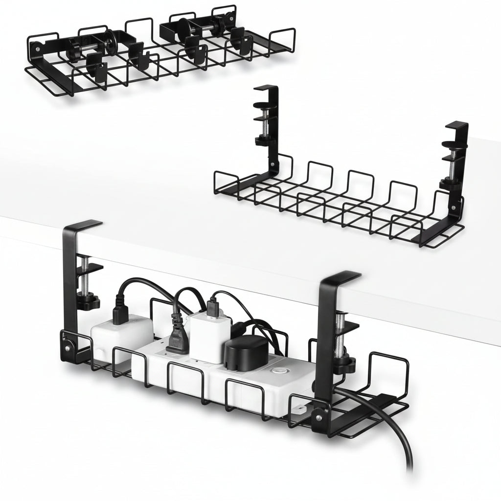 Two black under desk cable management trays with clamp mounting systems, shown in an open position, designed to organize and conceal cables.