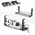 Two black under desk cable management trays with clamp mounting systems, shown in an open position, designed to organize and conceal cables.