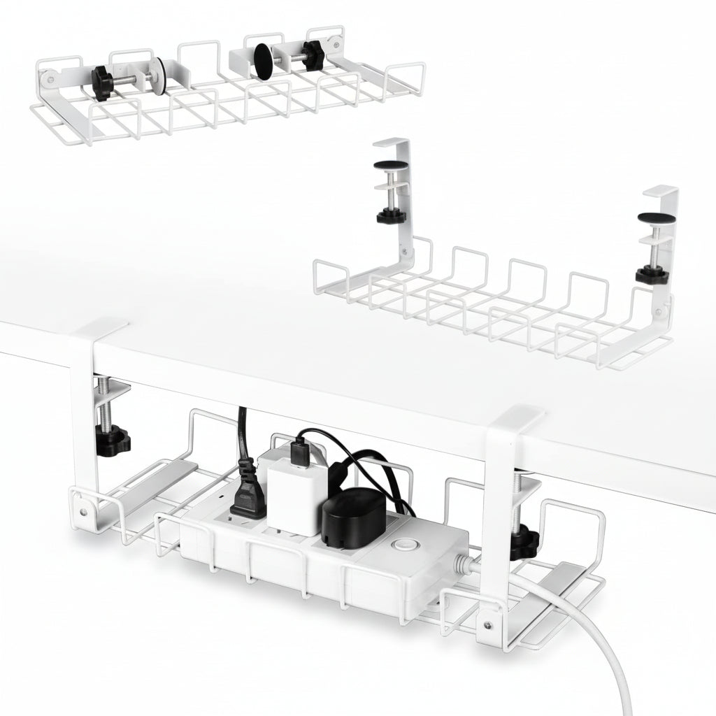 Two white under desk cable management trays with clamp mounting systems, shown attached to a desk frame, with open wire mesh design for cable threading.