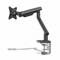 An adjustable black monitor arm with a grommet mount and a desk clamp, designed for positioning a single monitor.