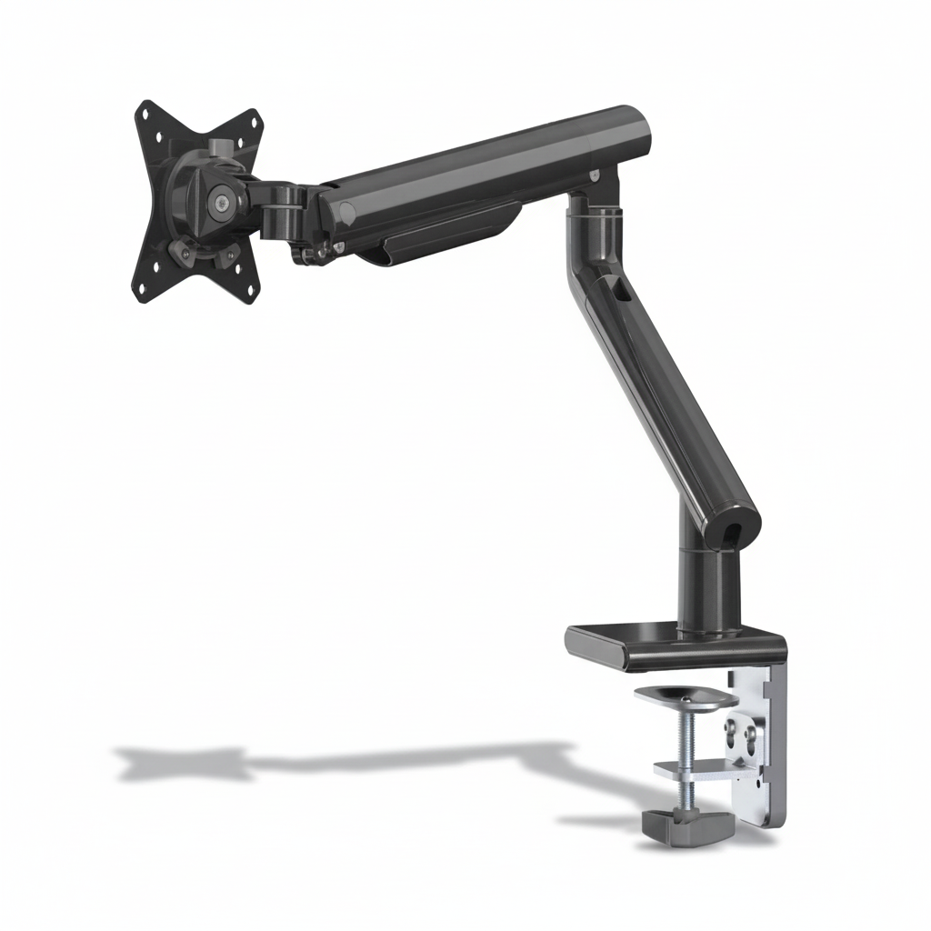 An adjustable black monitor arm with a grommet mount and a desk clamp, designed for positioning a single monitor.