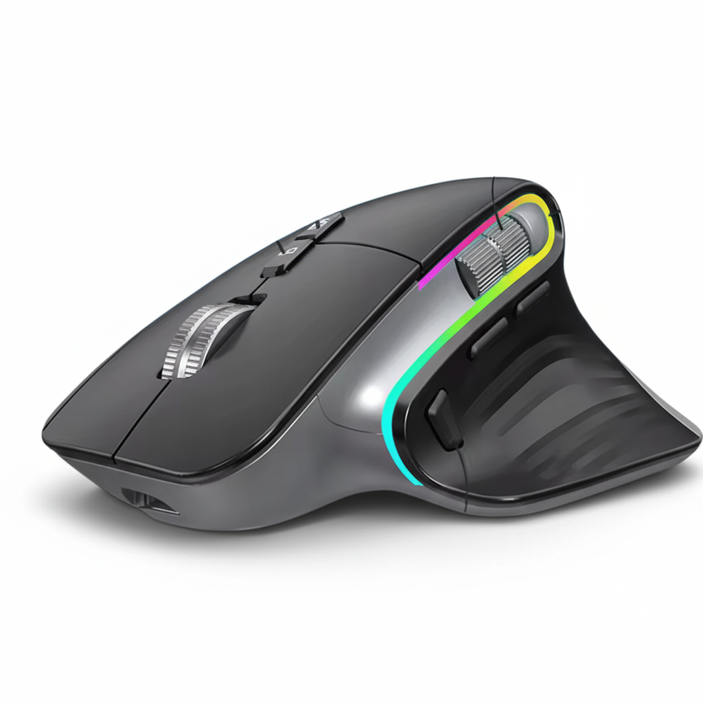 A black and multicolor ergonomic wireless mouse with dual scroll wheels and customizable light effects.