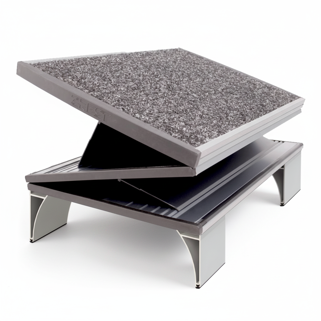 An ergonomic footrest with a heavy-duty carpet surface and an adjustable aluminum frame.