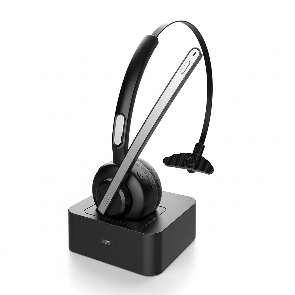 A wireless Bluetooth computer headset with an adjustable headband, inbuilt microphone, and volume controls, placed on a black wireless charging dock.