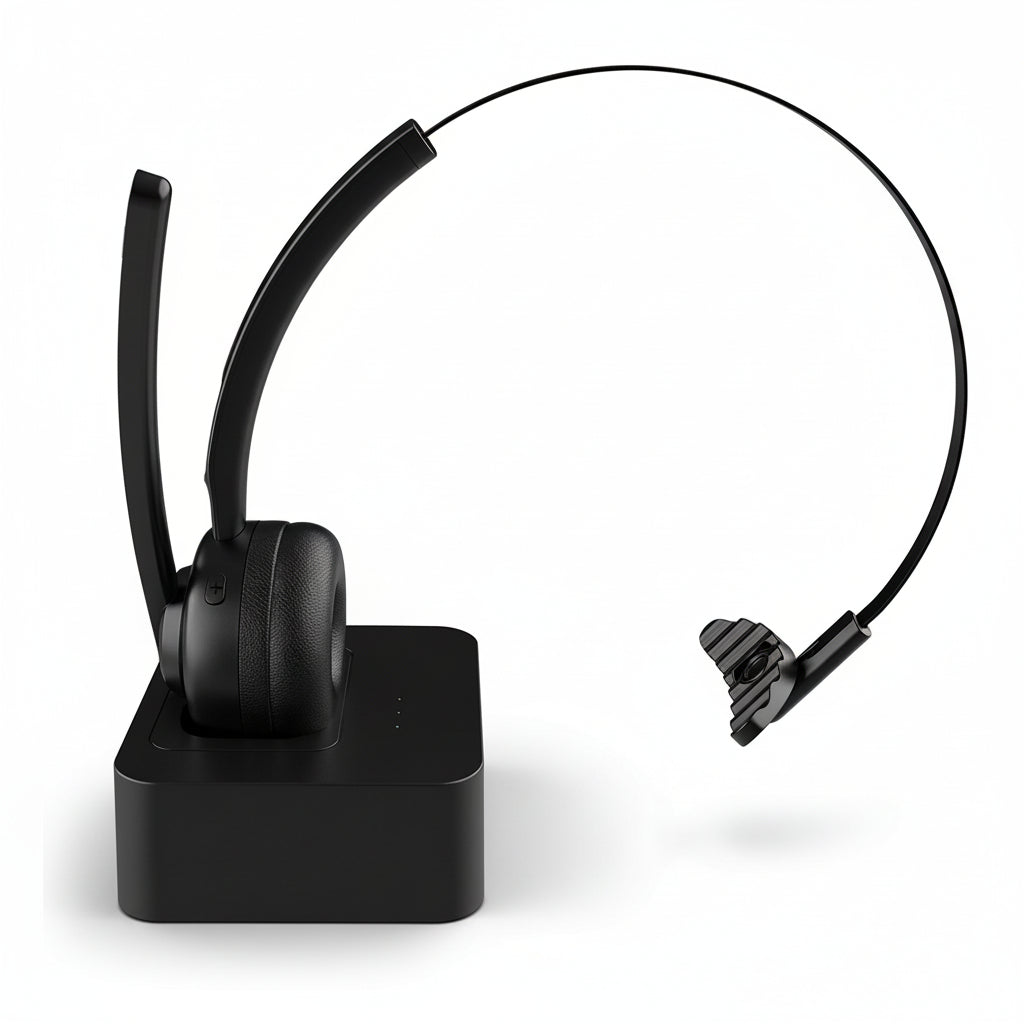Black headset with microphone on a white background