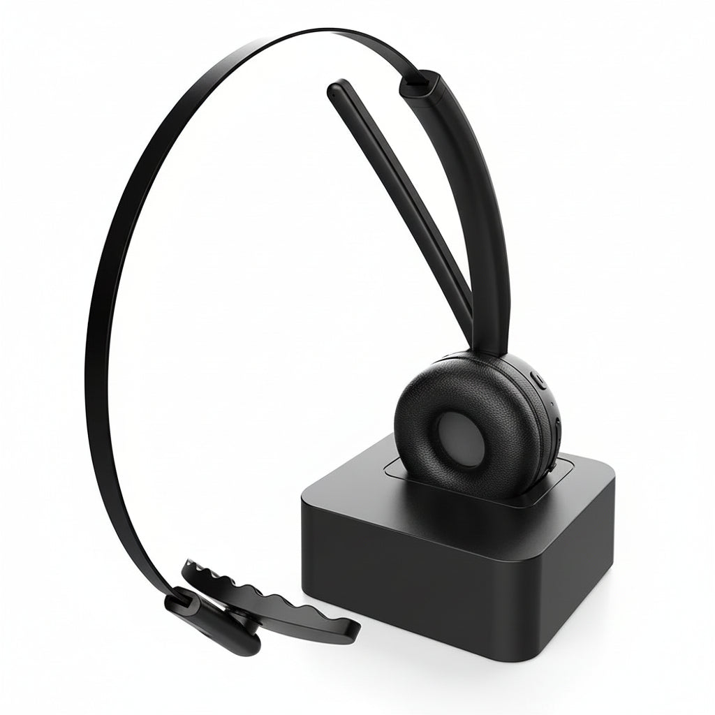 Black over-ear headphones with a microphone on a white background