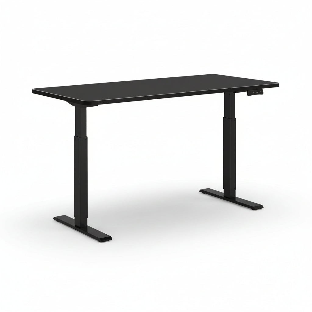 An electric height-adjustable standing desk with a black tabletop and black frame, featuring a digital control panel and rubber foot pads.