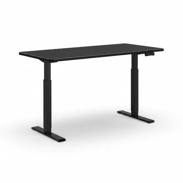 An electric height-adjustable standing desk with a black tabletop and black frame, featuring a digital control panel and rubber foot pads.