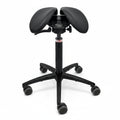 A black saddle chair designed for ergonomic sitting with adjustable height and width, active sitting mechanism, and a split saddle design to promote natural spinal curvature.