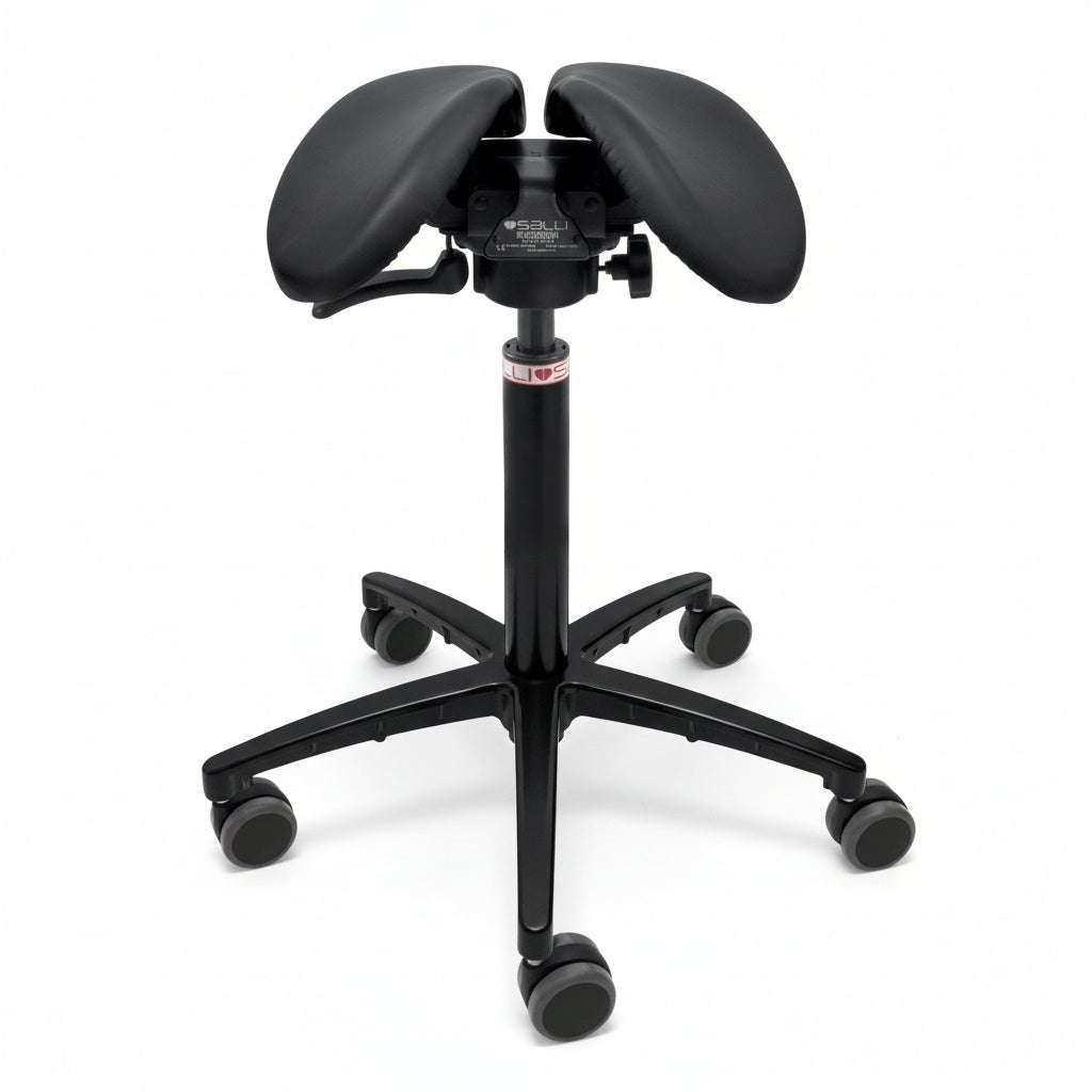 A black saddle chair designed for ergonomic sitting with adjustable height and width, active sitting mechanism, and a split saddle design to promote natural spinal curvature.