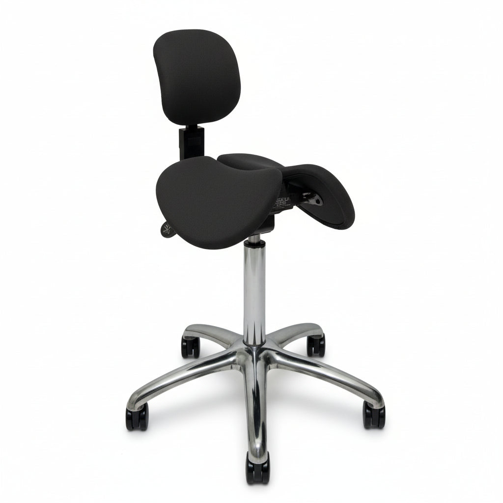 A black saddle chair designed for ergonomic sitting with adjustable height and width, active sitting mechanism, and a split saddle design to promote natural spinal curvature.