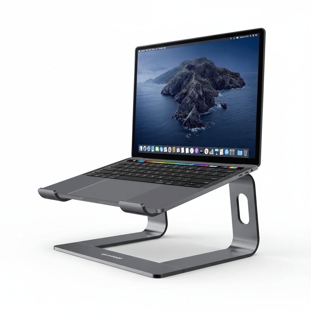 A silver aluminium laptop stand holding a laptop, designed to elevate and improve ergonomics during use.
