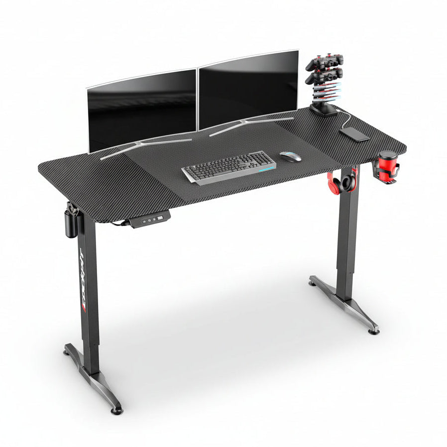 An electric standing desk with a black frame and a black melamine tabletop, featuring a cable management system, a rubber mouse pad, and adjustable height mechanism.