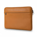 A brown laptop sleeve with a zipper closure and a front pocket, made of PU leather with a solid pattern.