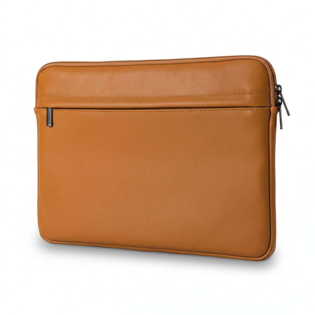 A brown laptop sleeve with a zipper closure and a front pocket, made of PU leather with a solid pattern.