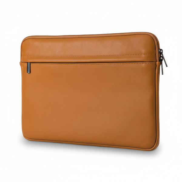 A brown laptop sleeve with a zipper closure and a front pocket, made of PU leather with a solid pattern.