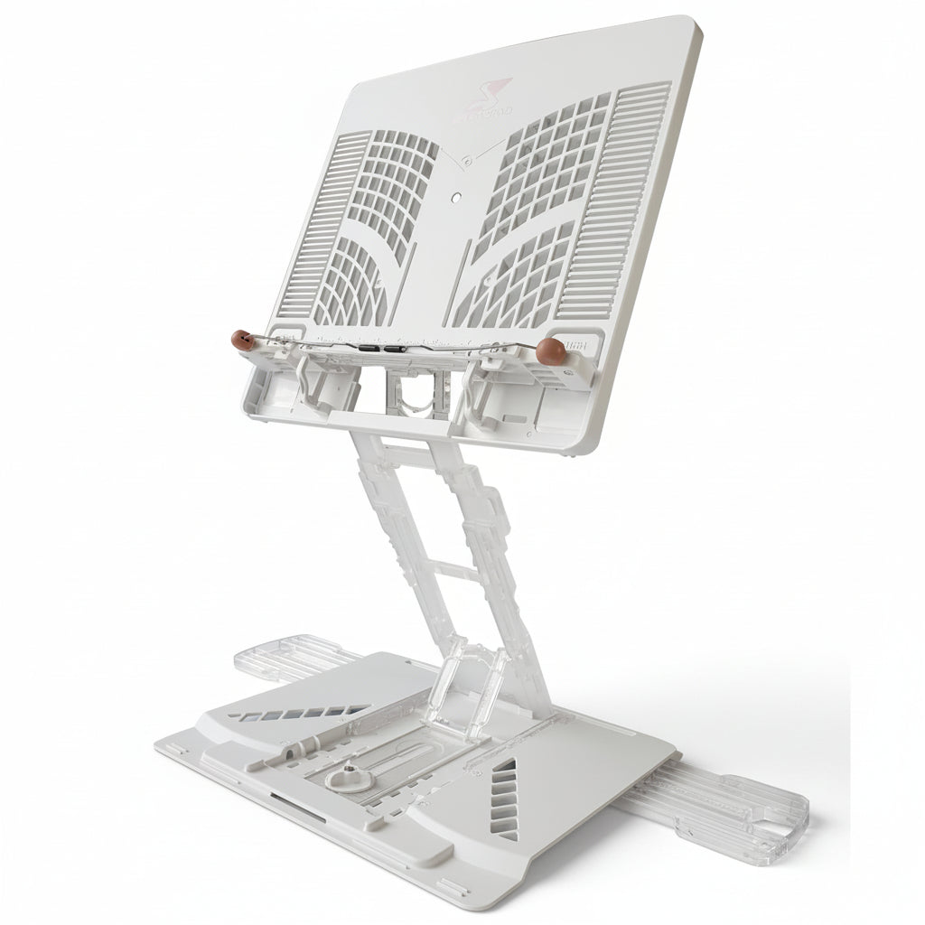 A white Pelican brand laptop stand with adjustable angles and a foldable design, featuring a grill-like pattern for ventilation.