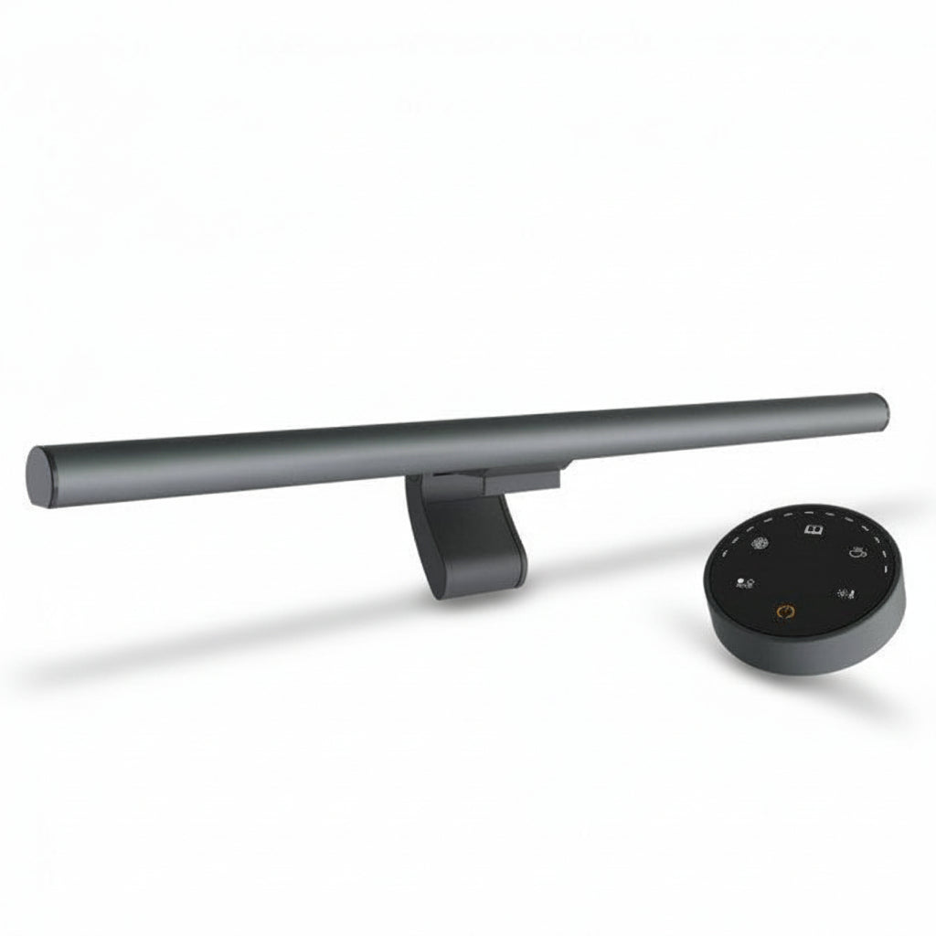 A wireless LED monitor lamp with a round base and a long, slender metal arm, featuring a black color scheme.
