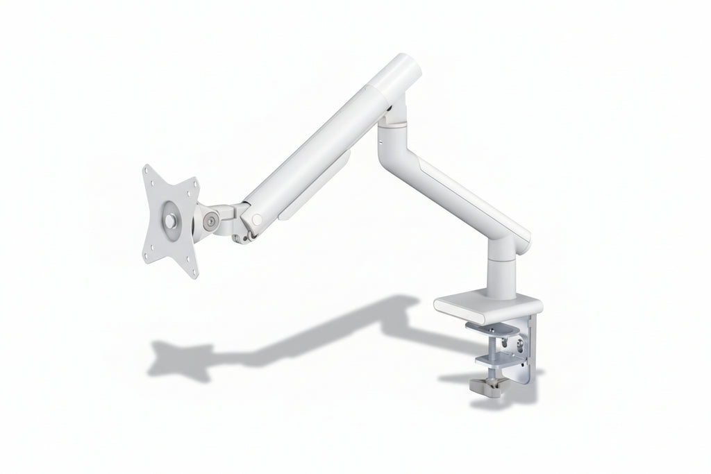 White adjustable monitor arm on a white background